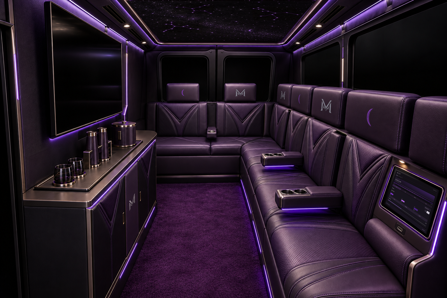 Concept rendering looking toward the rear of Phantom’s purple lounge, with an L-shaped leather sofa, alternating M and crescent headrest embroidery, an integrated guest tablet, a bar beneath a large screen, and a constellation ceiling